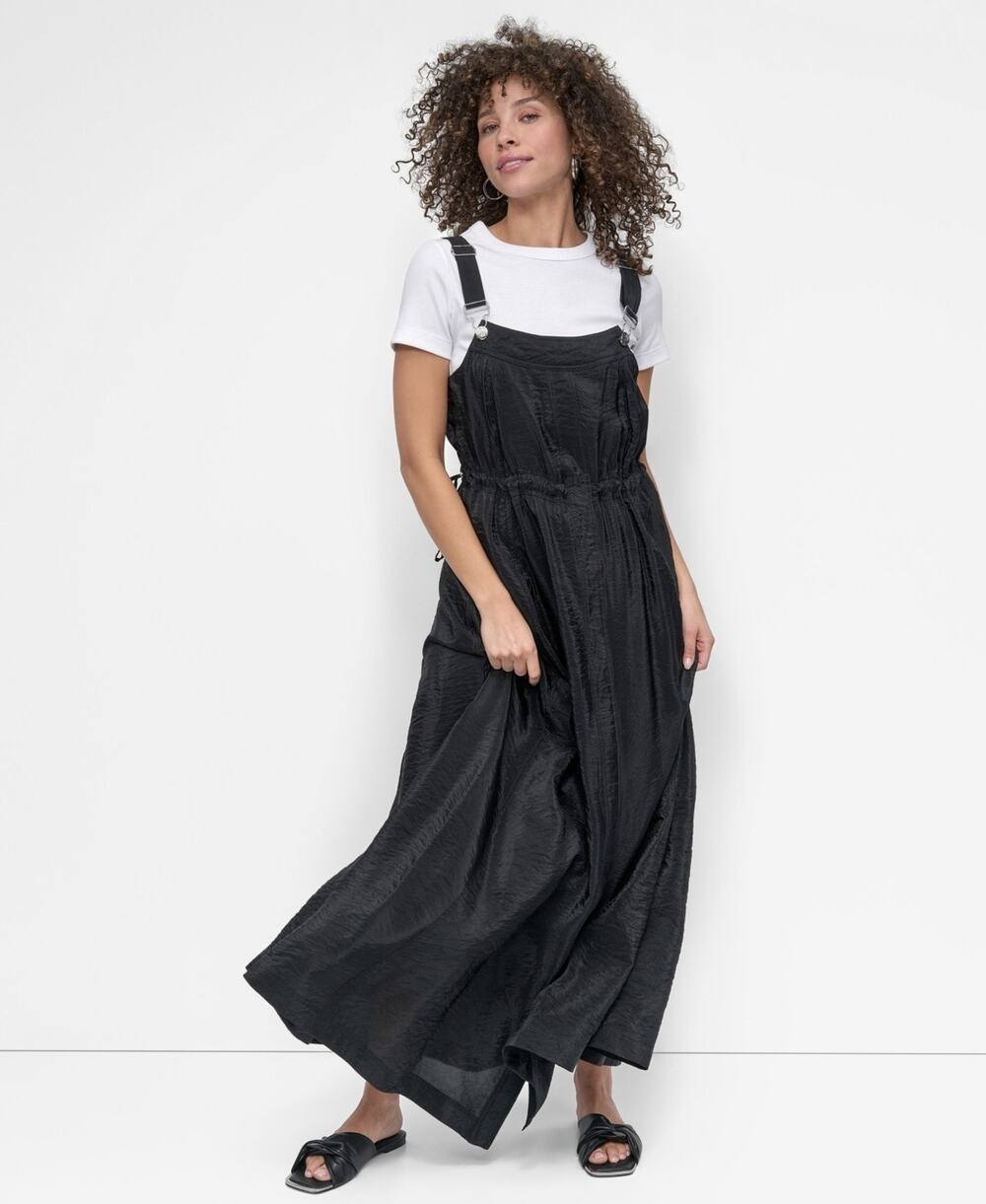 DKNY Women's Drawstring Adjustable Shoulder Overall Dress Black Size M 3953